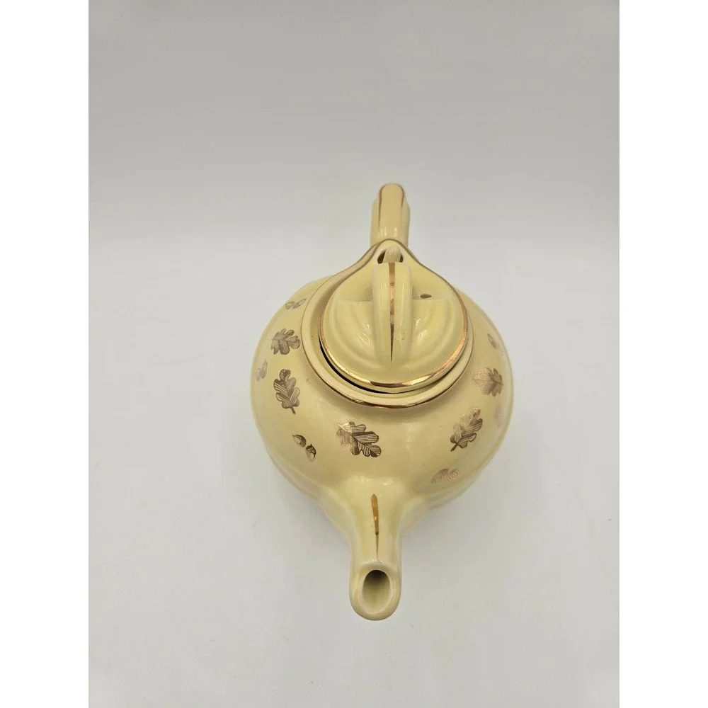 Hall China Yellow Teapot Gold‎ Leaf Acorn Swirl Pattern Vintage Ceramic